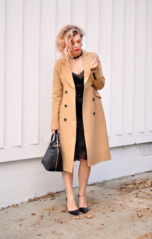 Camel Coat & Vintage Black Slip {dress}