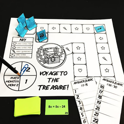 Voyage to the Treasure! Collaborative Math Games Voyage to the Treasure! math game - game board, game pieces, problem cards and answer bank shown here