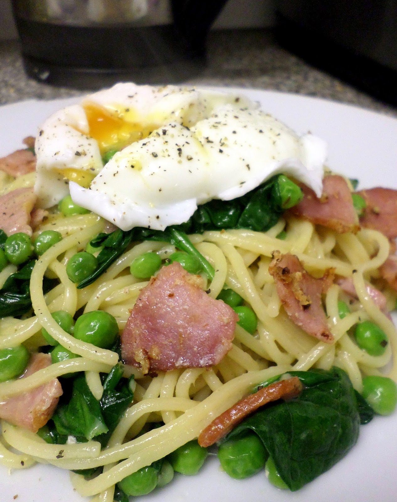 Eat Rainbow Love Poached egg, pea & bacon spaghetti