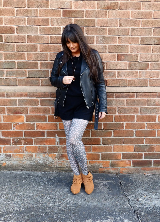 blogger leopard tights fringed boots outfit post