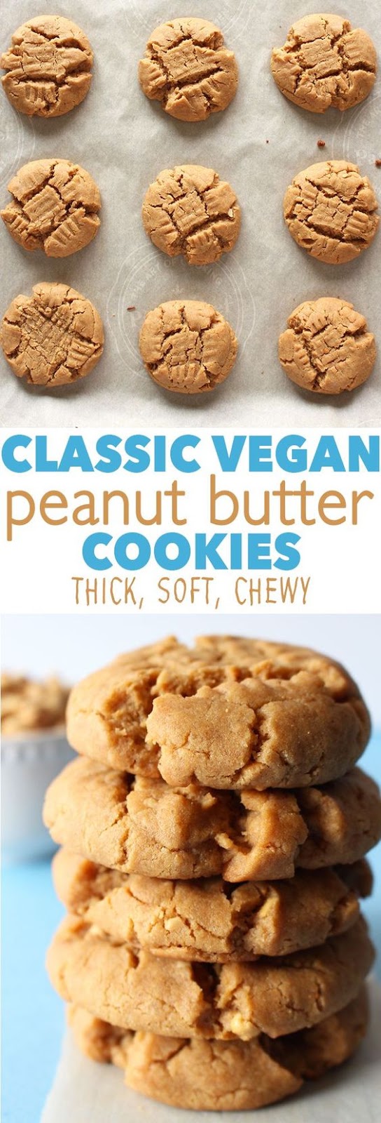 Thick, chewy, classic peanut butter cookies, in vegan form! These cookies have so much peanut-y flavour, you’d never be able to tell they’re vegan!