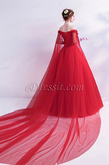 Sexy Red Flower OFF Shoulder Puffy Party Ball Dress Back