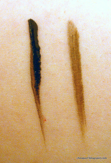 Swatches of Wet N Wild MegaLiner Liquid Eyeliner in  Dark Brown and e.l.f. Waterproof Eyeliner Pen in Coffee
