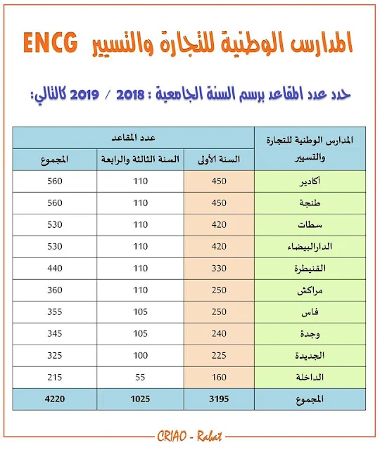 المدارس الوطنية للتجارة و التسيير ENCG عدد المقاعد 2018-2019
