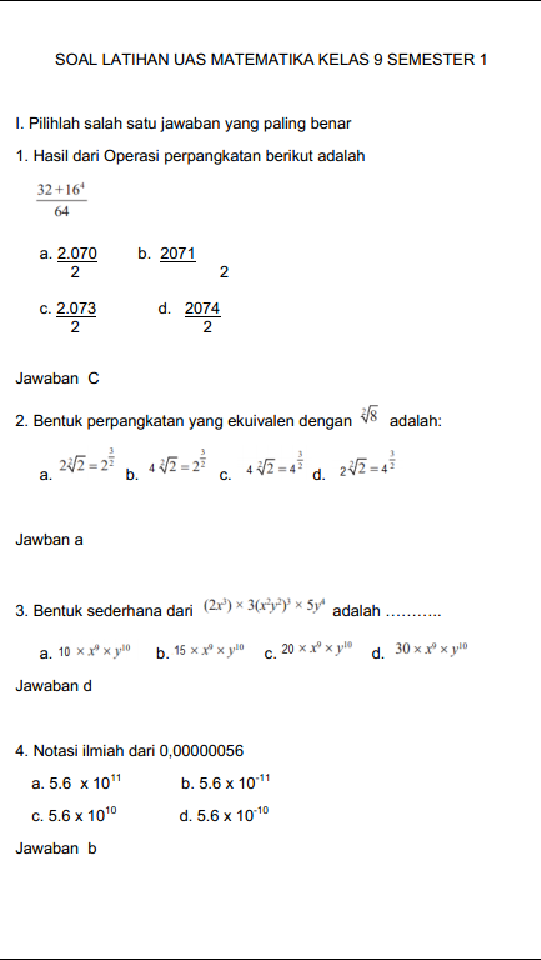Contoh Soal Matematika Kelas 9 Semester 1 Beserta Jawabannya