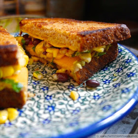 Guacamole, hummus, and corn & black bean salsa nestled into the middle of a grilled cheese sandwich.  A delicious leftover repurposed into a snack.