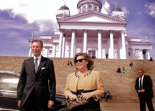Grand Duke Henri and Grand Duchess Maria Teresa of Luxembourg are on a state visit to Finland. Style, Dress, jewelery, Maria Terasa wore fashion dress