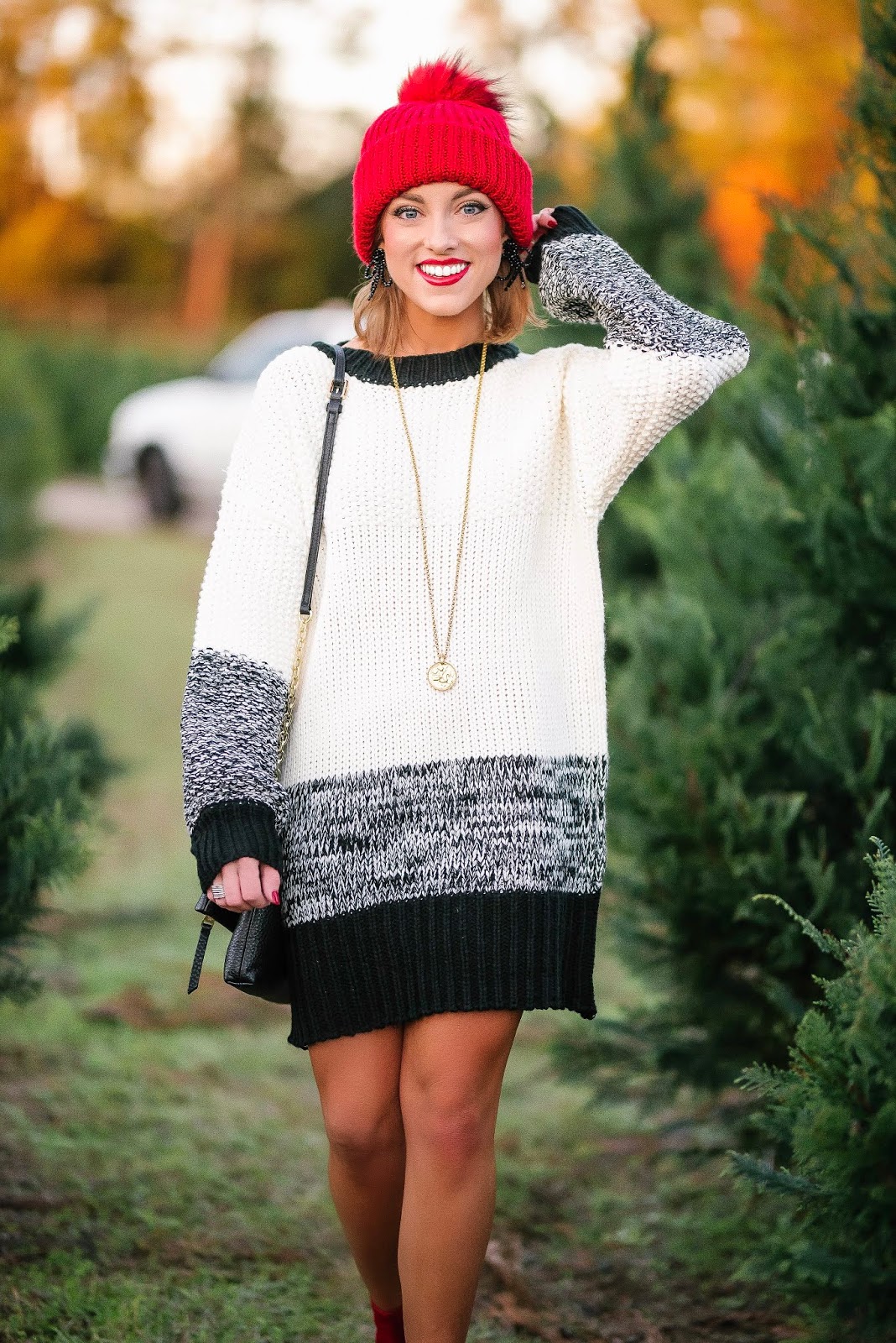 Under $50 Black & White Sweater Dress With Red Accessories - Something Delightful Blog