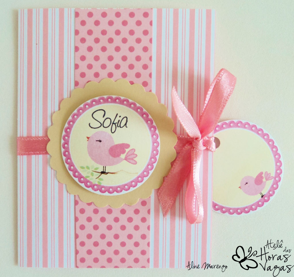 convite artesanal passarinhos rosa e creme bege marfim aniversário 1 aninho
