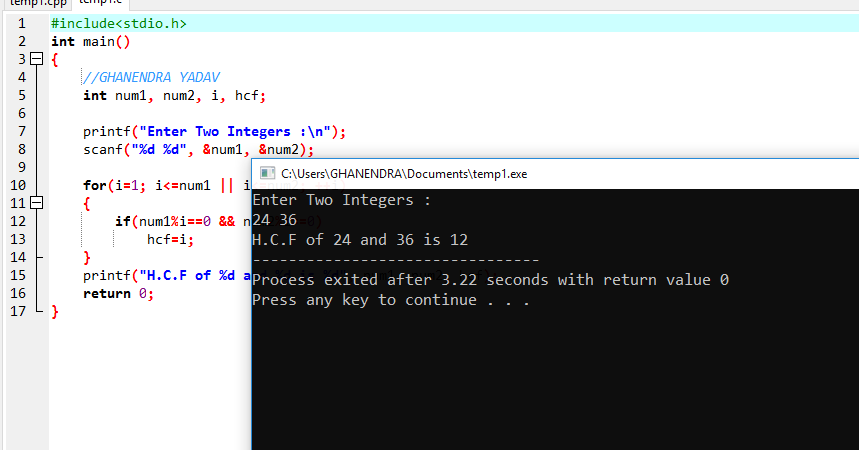 Gcd of two numbers in c greatest common divisor program