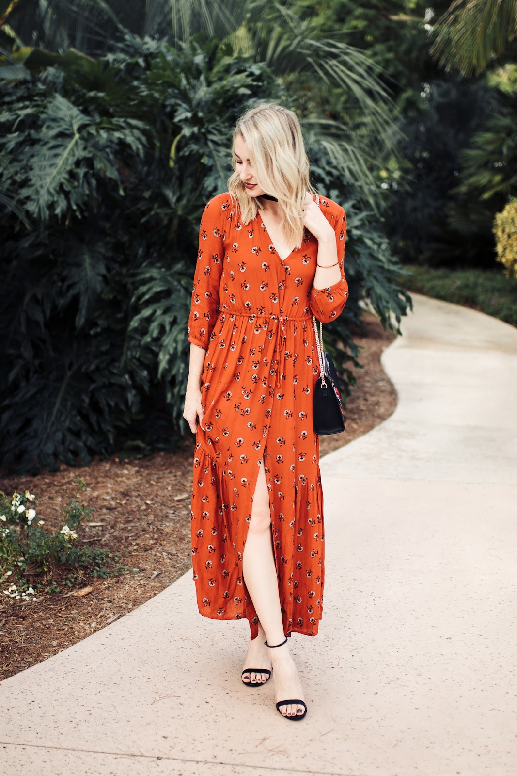 Red floral maxi dress