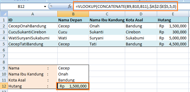 CONCATENATE Dalam Rumus VLOOKUP Concatenate untuk membuat kriteria spefisik VLOOKUP