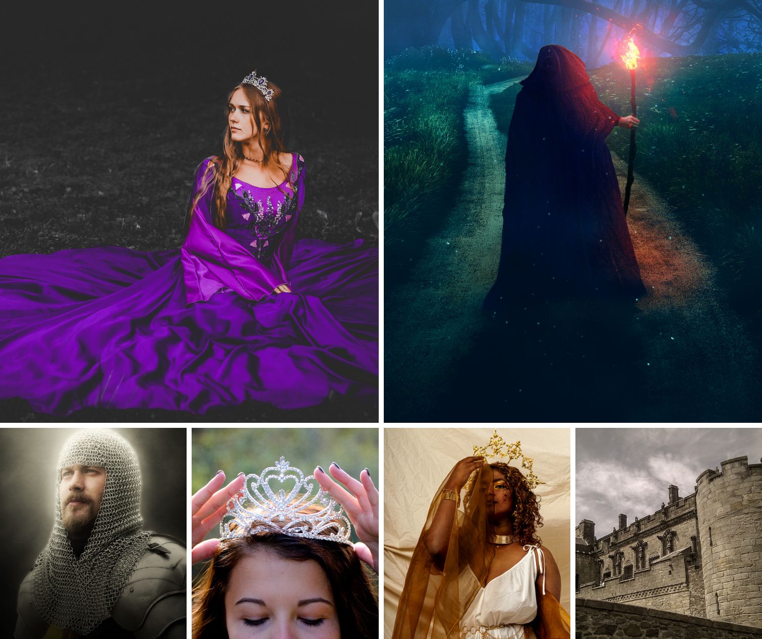 Ideia de quadro visual com imagens de uma princesa, uma feiticeira de costas usando um cetro, um cavaleiro, um castelo feito de pedras, uma moça colocando uma coroa sobre a cabeça e uma rainha de coroa dourada