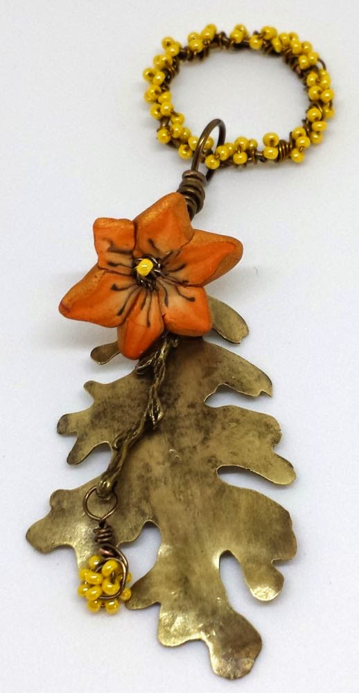 Beed Peeps Swap 'n Hop ~ flowers by Elaine Robataille, brass leaf by Marie Covert, brass branch, wire wrapping, copper, ooak necklace :: All Pretty Things