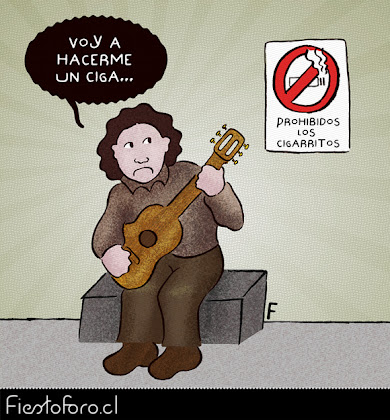 Victor Jara se dispone a entonar la canción: «Voy a hacerme un cigarrito acaso tengo...» cuando nota el cartel que lee: «Prohibidos los cigarritos.»