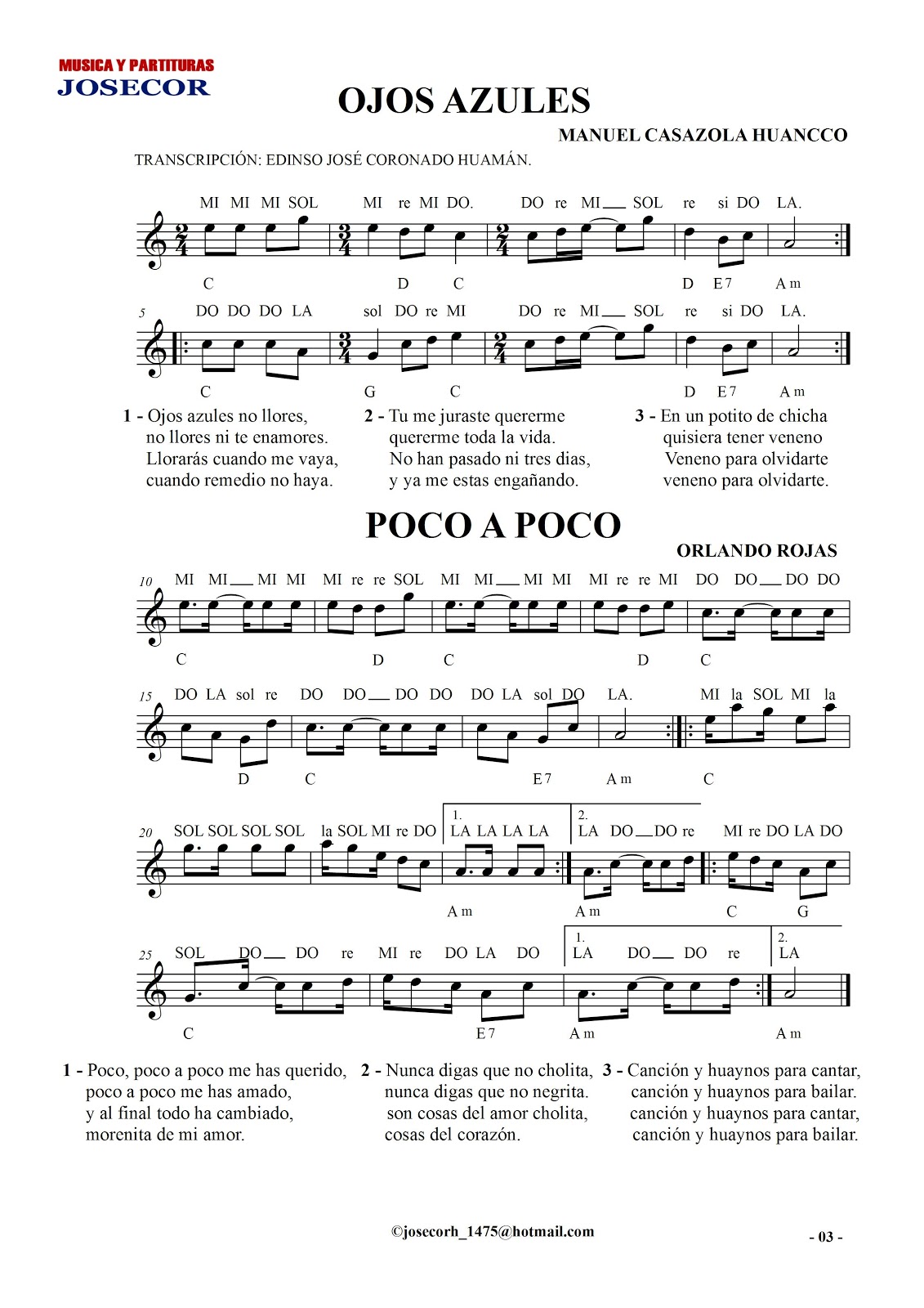 MÚSICA Y PARTITURAS JOSECOR OJOS AZULES & POCO A POCO