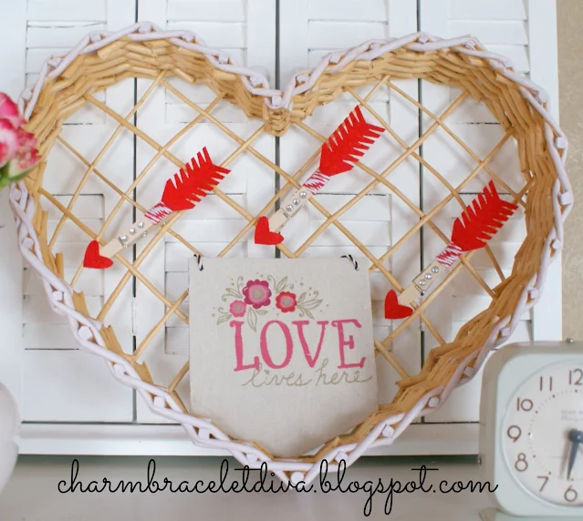 thrifted heart shaped basket Valentine decor