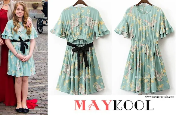 Princess Alexia wore Maykool teal cranes print ruffles decor layered pleated casual dress