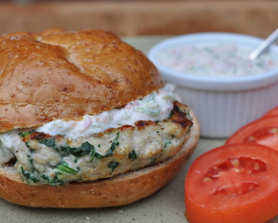 Chicken Burgers with Fresh Spinach, Feta and Garden Tzatziki Sauce ♥ KitchenParade.com, Greek-style chicken sandwiches served with an updated Greek tzatziki sauce. High Protein. Weight Watchers Friendly.