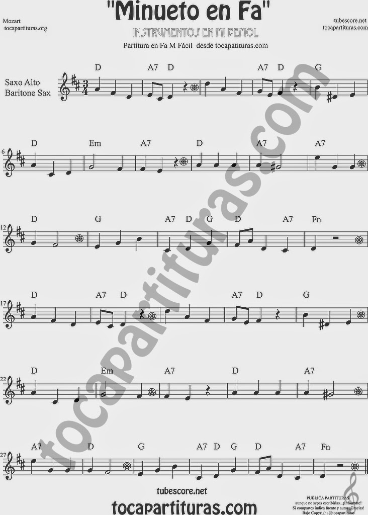 Minueto en Fa Partitura de Saxofón Alto y Sax Barítono Sheet Music for Alto and Baritone Saxophone Music Scores