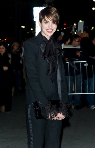 Ladies in Satin Blouses: anne hathaway - black 3-piece suit & bow blouse