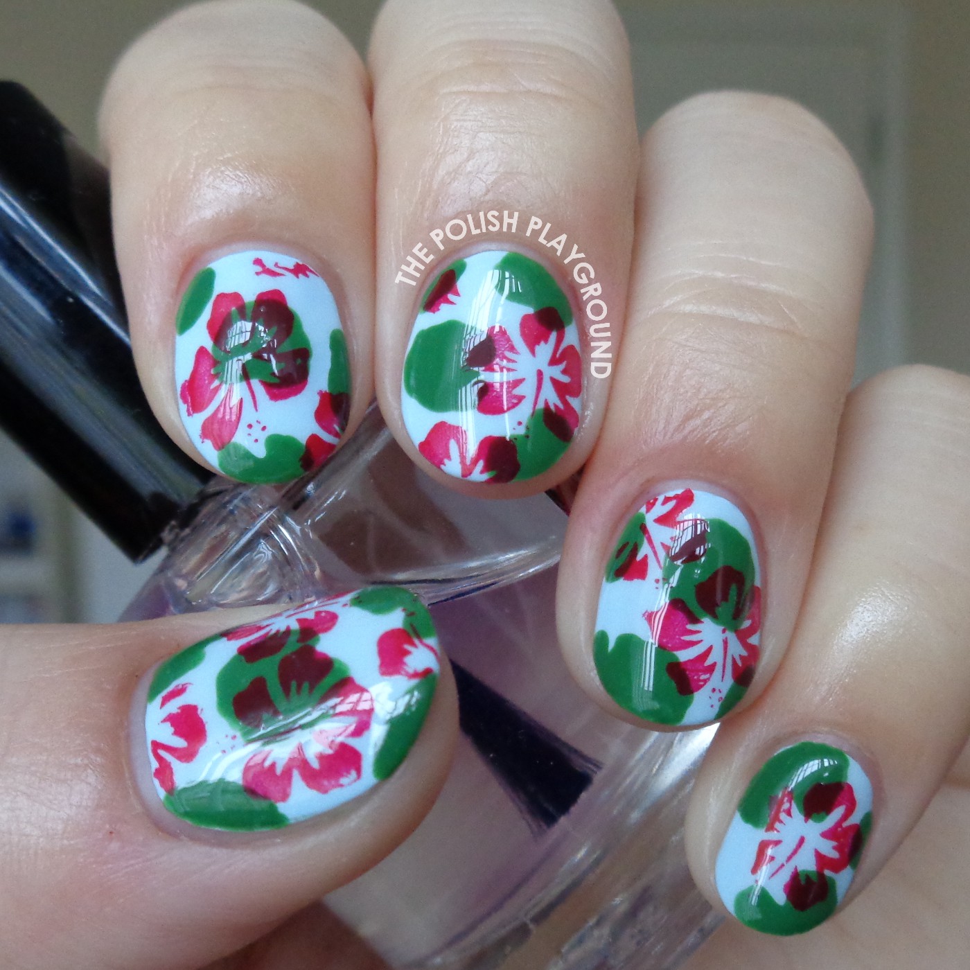 Pond Manicure with Lily Pads and Floral Stamping Nail Art