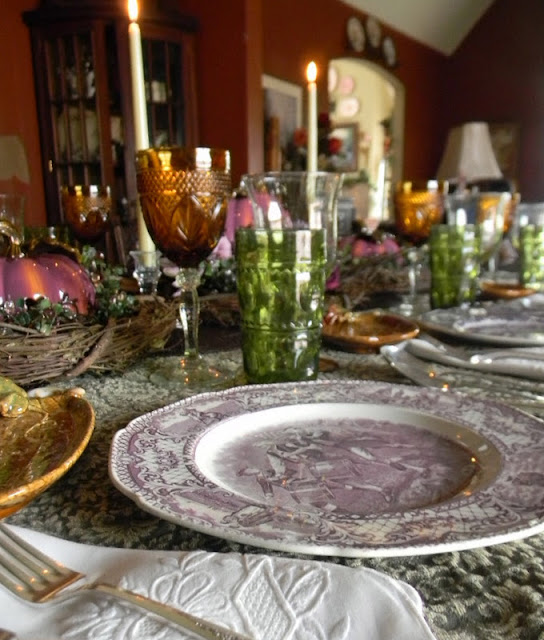 Amber and Aubergine Thanksgiving Table w/ Historical Transferware