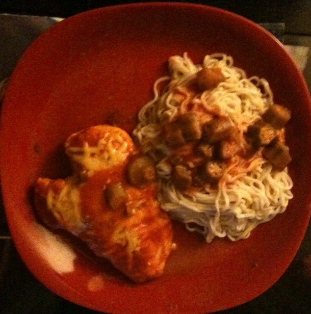 Nuts about Noodles Ramen with Okra, Cheese and Tomato Sauce