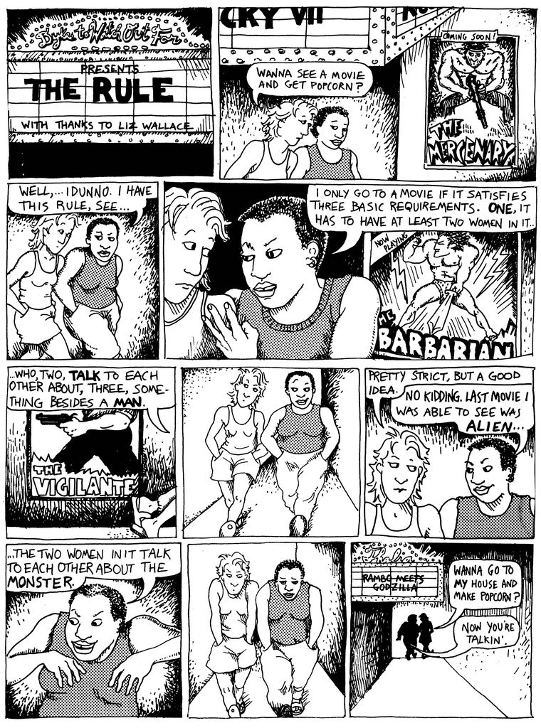 the original 'Bechdel test' comic, from 'Dykes to Watch Out For' by Alison Bechdel