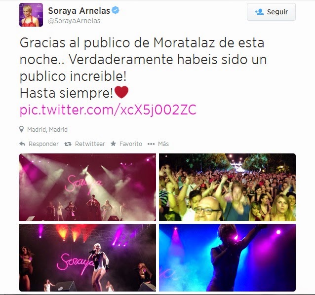 Soraya da las gracias al público de Moratalaz.