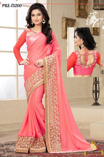 Buy Latest Pink Color Fancy Stylish Indian Party Wear Sarees Online Shopping Collection with Discount Offer Price at Pavitraa.in