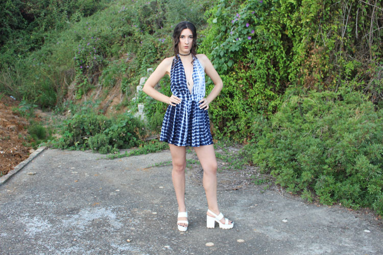 Blue Deep V Neck Backless Playsuit