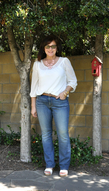 white lace top and jeans