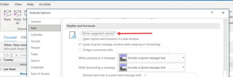 How to turn off suggested replies in Outlook client
