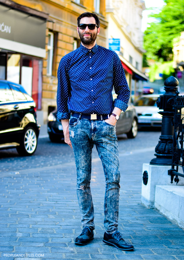 Men's style: polka dot shirt and acid washed skinny jeans, Nino Đula glavni urednik Globusa