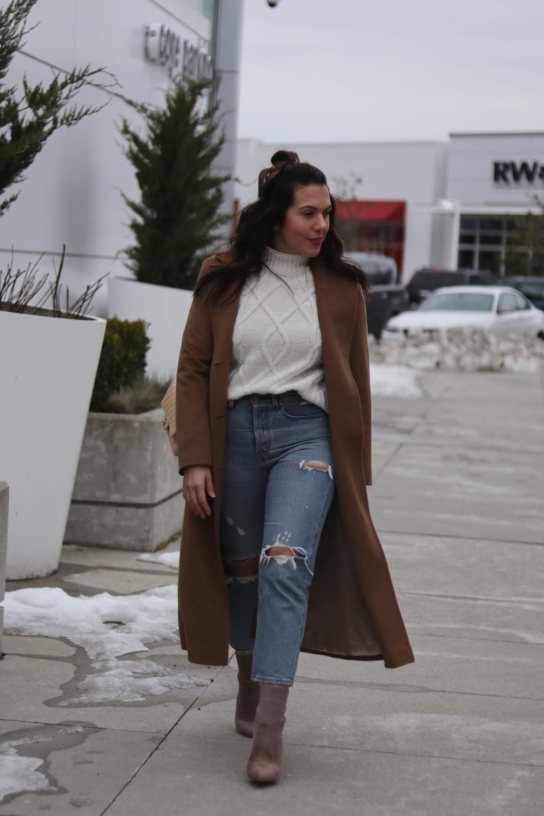 winter outfit camel wool coat levis wedgie jeans call it spring sock boots aleesha harris