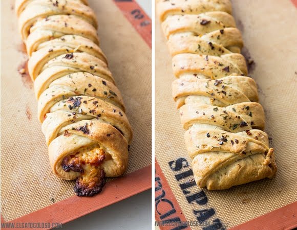 Stromboli trenzado con mortadela, queso y pimientos rojos. vía www.elgatogoloso.com