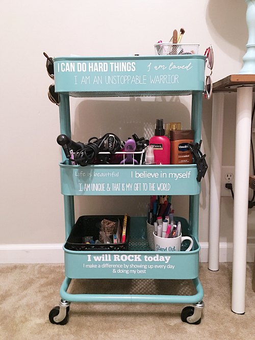 Blue Rolling cart - teen room storage with daily affirmations
