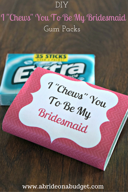 How are you asking your friends to be your bridesmaids? Check out these ADORABLE I "Chews" You To Be My Bridesmaid Gum Packs from www.abrideonabudget.com. They come with a free printable too!