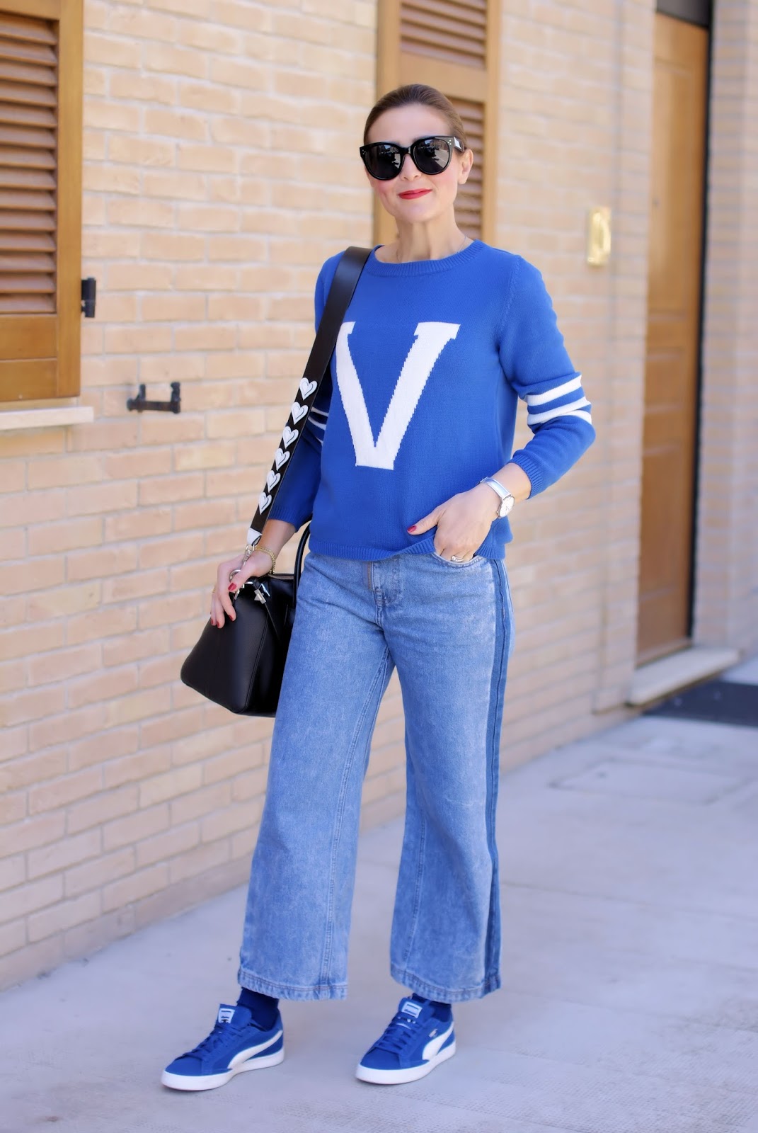 The initial letter sweater trend, royal blue outfit on Fashion and Cookies fashion blog, fashion blogger style