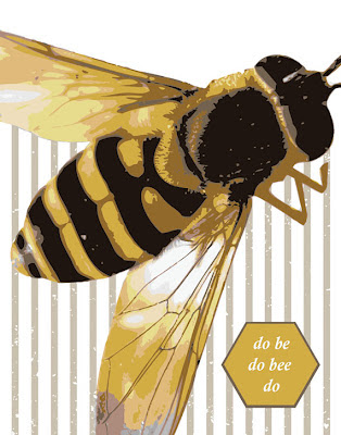 illustration of bee on a striped background with text