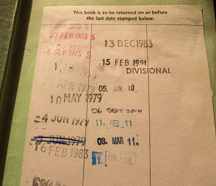 Date label on library copy of The Tombs of Atuan, with return stamps going back to 1972