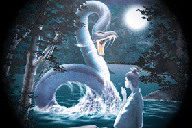 Image of a serpent and virgin girl, praying, full moon