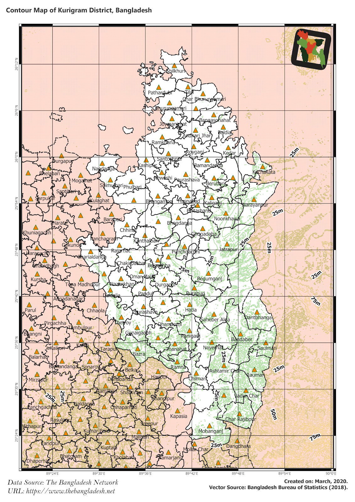Elevation Map of Kurigram District of Bangladesh