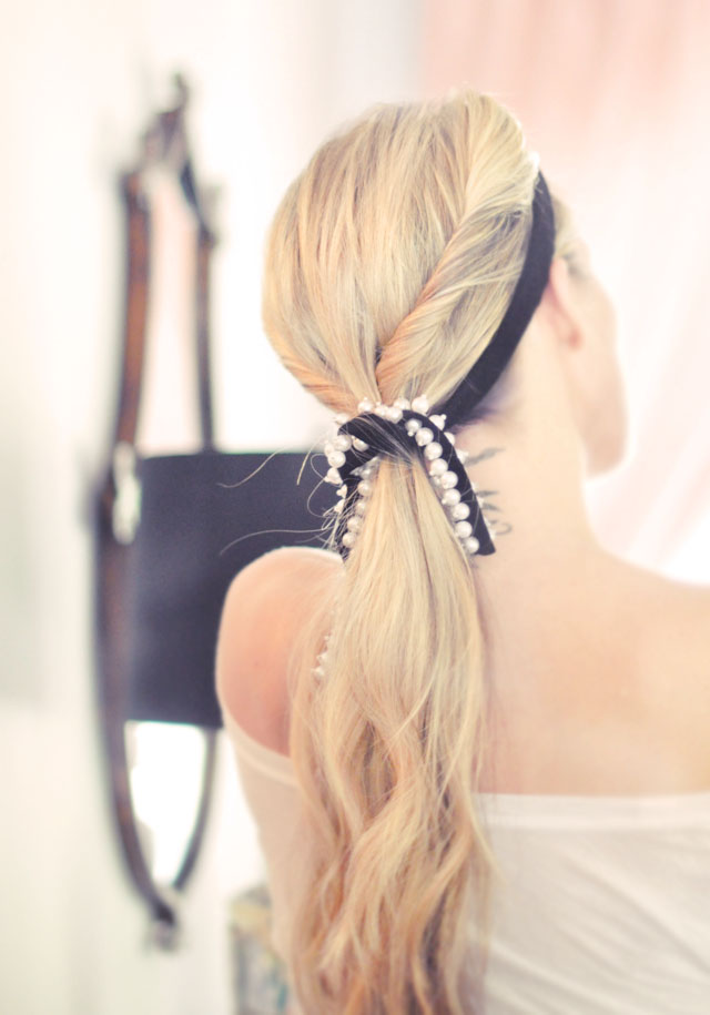 low twisted ponytail, hair accessory DIY