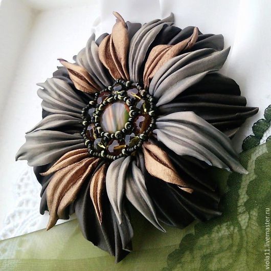 Brown leather flower brooch Lithuanian jewelry romantic brooch