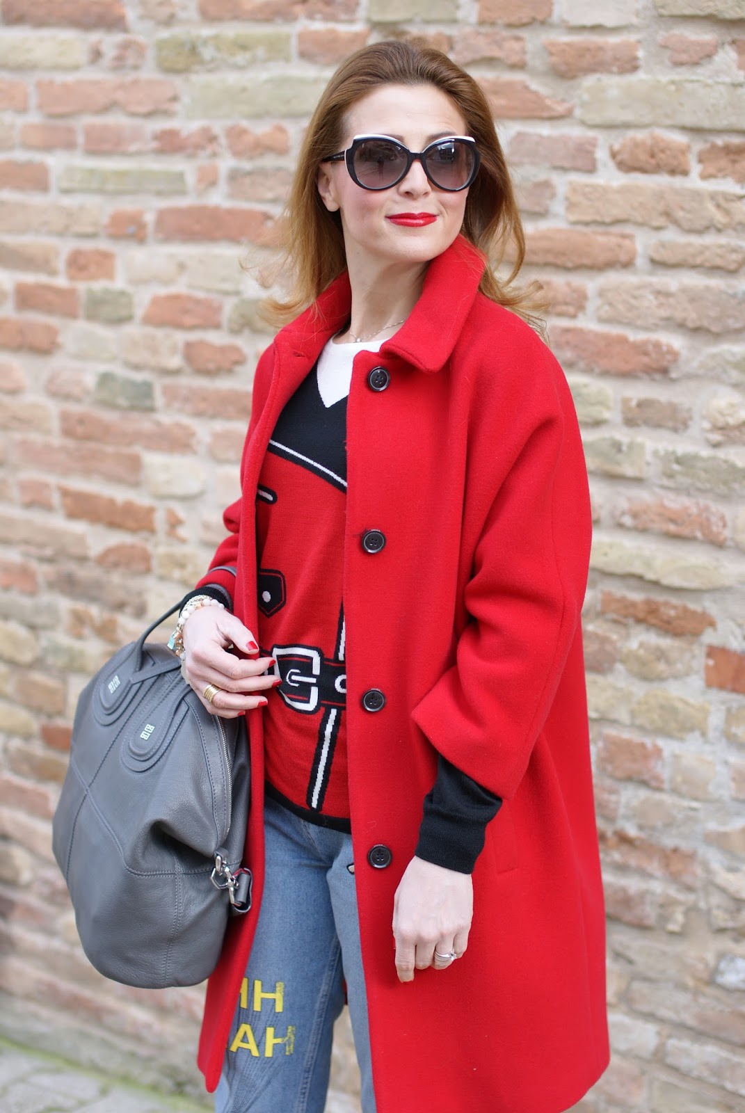Casual transitional spring outfit with Reebok Classic Freestyle HI Melody Ehsani sneakers, red coat and grey Nightingale bag on Fashion and Cookies fashion blog, fashion blogger style