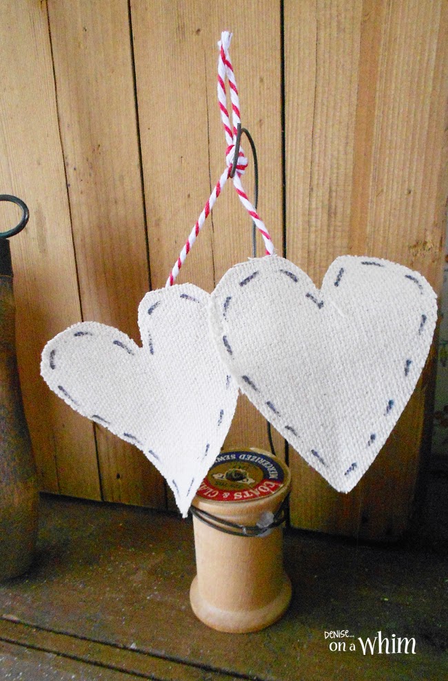 Drop Cloth Hearts on a Vintage Thread Spool Holder from Denise on a Whim
