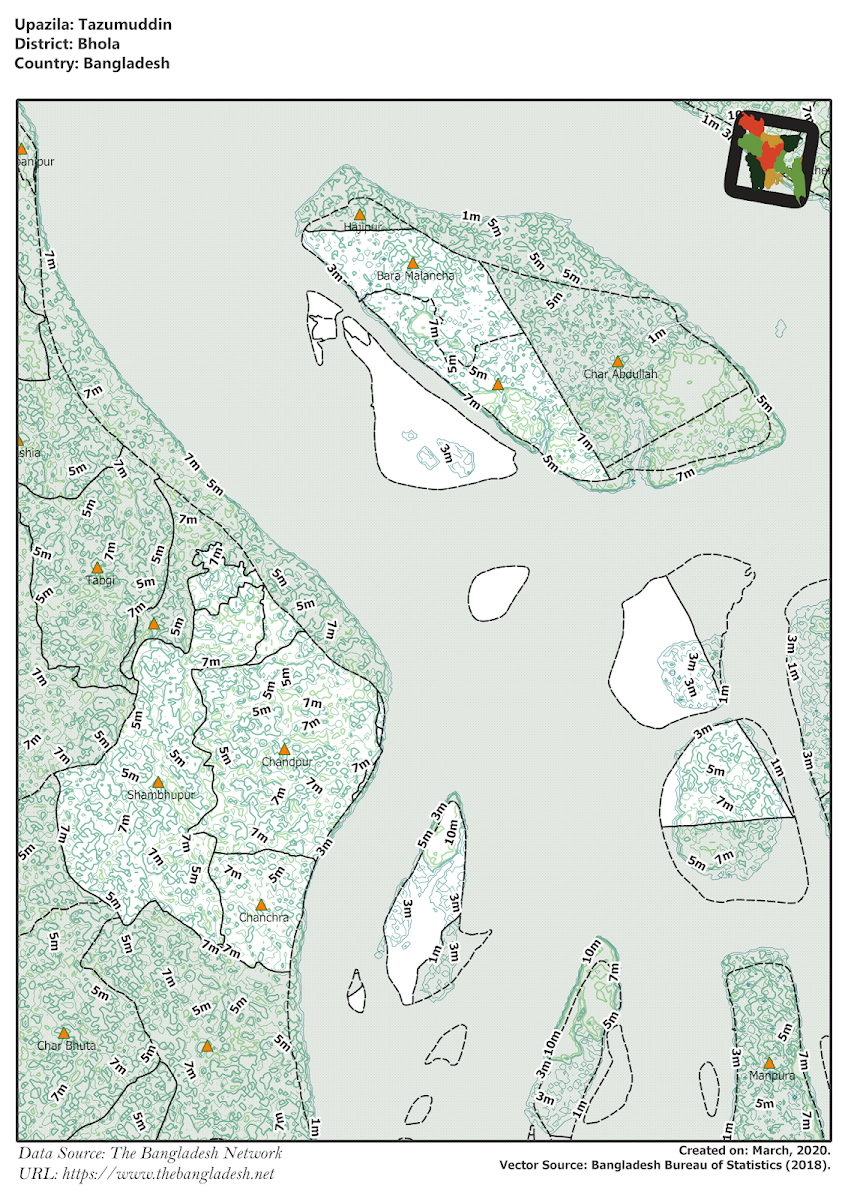  Tazumuddin Upazila Elevation Map Bhola District Bangladesh