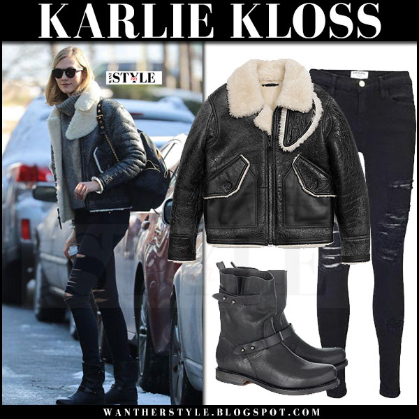 Karlie Kloss In Black Leather Shearling Jacket And Biker Boots Karlie Kloss In Black Shearling Jacket Coach Ripped Jeans And Biker Boots Rag Bone